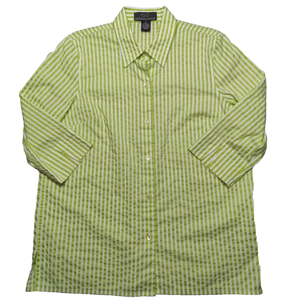 FOLIO x Saks Fifth Avenue Women Medium Green Stripped 3/4 Sleeve Button Shirt